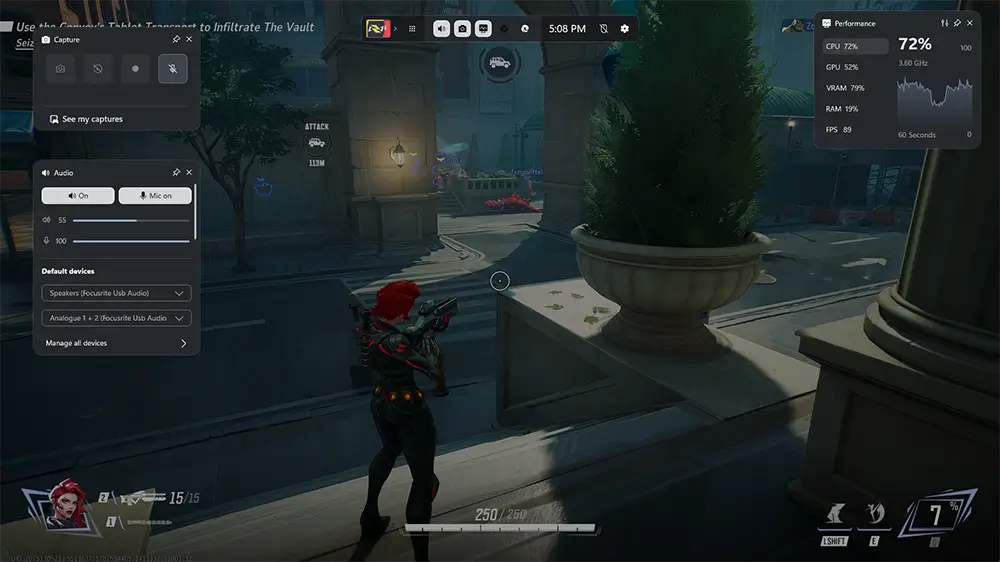 The Xbox Game Bar overlay open over a PC game, showing the Capture, Audio, and Performance widgets