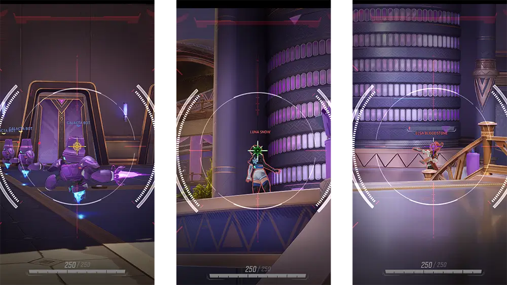 A custom ring-style crosshair from Crosshair Overlay shown over three Marvel Rivals gameplay scenes: a Galacta bot, Luna Snow, and Elsa Bloodstone