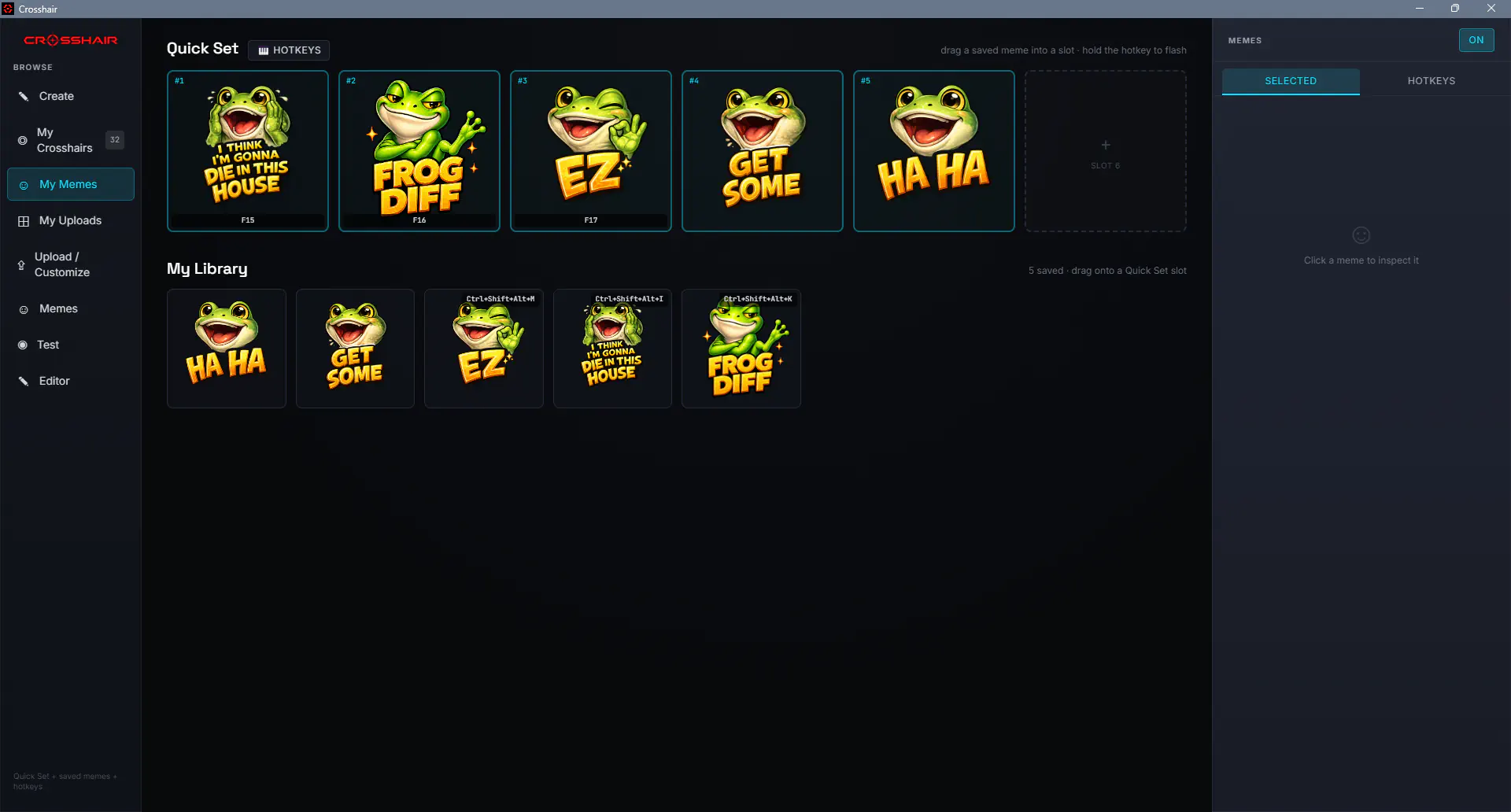 A custom crosshair and meme image shown over a PC game